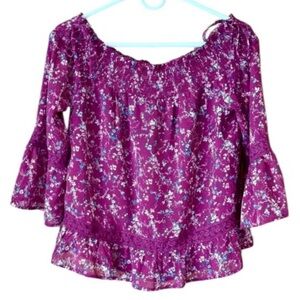 Skies Are Blue Magenta Floral Cold Shoulder Blouse S NWT Boho Cottage Top